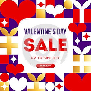 Valentines day sale banner with hearts, gifts and discount offer. Valentines Day sale background. Vector illustration.
