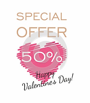 Valentines Day Sale banner with pink heart. Special offer