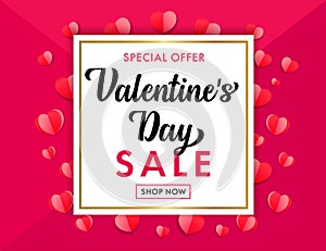 Valentines Day sale banner and pink origami paper hearts