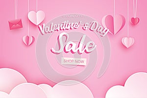 Valentines day sale banner template with heart hanging on pink pastel background