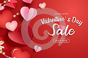 Valentines day sale banner template with heart and text on red background
