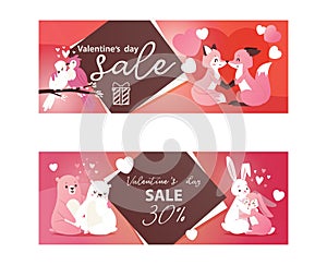 Valentines day sale banners with kissing animals hearts vector illustration. Wholesale flyer template with cute bear