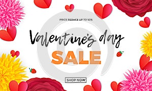 Valentines Day sale design template of red paper hearts and pink roses or red flowers bunch on white background. Vector Valentine