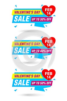 Valentines day sale origami blue labels set. Sale 30%, 40%, 50% off discount