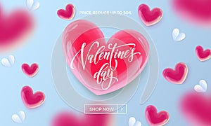 Valentines day sale poster or banner of valentine red heart on blue light pattern background. Vector Valentines day holiday shop d