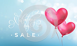 Valentines day sale poster or banner of valentine red heart on blue light pattern background. Vector Valentines day holiday shop d