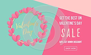 Valentines day sale poster or banner of valentine red heart on blue trendy background. Vector Valentines day holiday shop discount