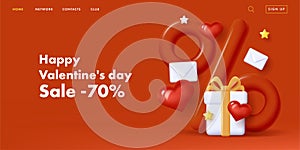 Valentines day sale poster with big 3d red percent sign and gift box with hearts and love letters envelopes
