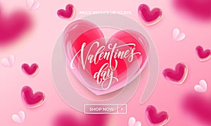 Valentines day sale shopping banner or poster design template of red valentine hearts pattern on pink background. Vector Valentine