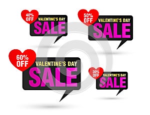 Valentines day sale tag black speech bubble set. Sale 30%, 40%, 50%, 60% off discount