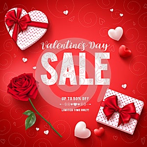 Valentines day sale text vector banner design with love gifts, rose and hearts