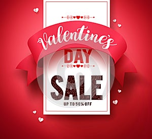 Valentines day sale text vector banner design with ribbon and hearts elements