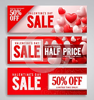 Valentines day sale vector banner design set with red hearts background
