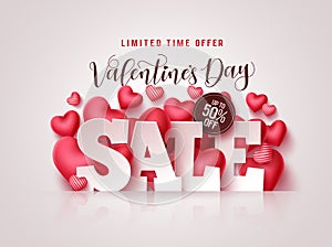 Valentines day sale vector banner. Valentines day sale 3D text with heart shapes