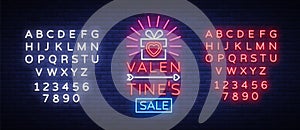 Valentines Day sale vector design template poster in neon style. Neon sign, neon banner with discounts, bright night