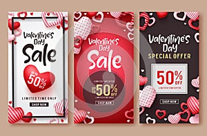 Valentines day sale vector poster template set. Valentines day sale text with hearts elements