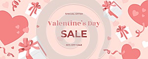 Valentines Day sale web banner, falling gift boxes with holiday ribbons