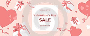 Valentines Day sale web banner, falling white gift boxes