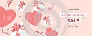 Valentines Day sale web banner, falling white gift boxes with holiday ribbons