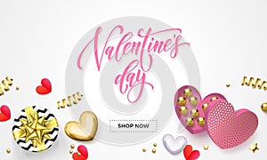 Valentines day sale web banner for shopping of heart gift box decoration with chocolate candy in golden wrapper. Vector pink text
