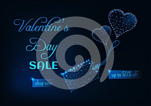 Valentines day sale web banner template with glow low poly heart shape balloons, price tag and text.