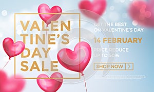 Valentines day sale web banner of valentine red heart balloons on blue shine background. Vector Valentines day sale golden text fo