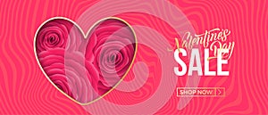 Valentines day sale web banner of valentine red heart with roses on pink background. Vector Valentines day sale text for holiday