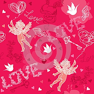 Valentines Day seamless pattern with Cupid, hand d