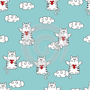Valentines day seamless pattern with cute cupids cats.