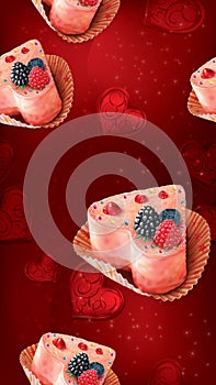 Valentines Day seamless pattern with heart shaped cake. Vector mesh illustration