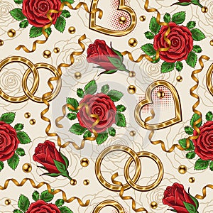 Valentines day seamless pattern with hearts, rings, rose flowers, ribbons, beads