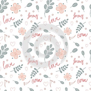 Valentines day seamless pattern with love, amor, and Korean Sarang words decorated with pastel leaves. Greeting cards and gift pap