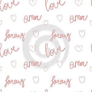 Valentines day seamless pattern with love, amor, and Korean Sarang words. Greeting cards and gift paper pattern.