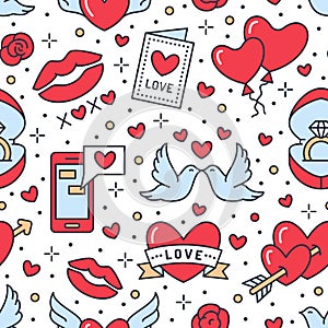 Valentines day seamless pattern. Love, romance flat line icons - hearts, engagement ring, kiss, balloons, doves