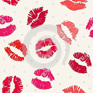 Valentines Day. Seamless pattern with red lipsticks kiss