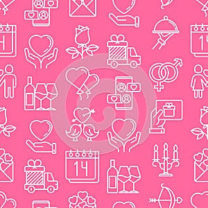 Valentines day seamless pattern with thin line icons: couple in love, romantic evening, cupid bow, balloons, envelope, gift card