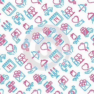 Valentines day seamless pattern with thin line icons: couple in love, romantic evening, cupid bow, balloons, envelope, gift card