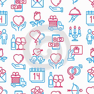 Valentines day seamless pattern with thin line icons: couple in love, romantic evening, cupid bow, balloons, envelope, gift card