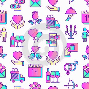 Valentines day seamless pattern with thin line icons: couple in love, romantic evening, cupid bow, balloons, envelope, gift card