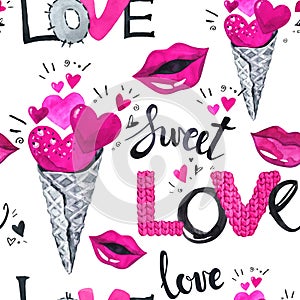 Valentines Day seamless pattern. Watercolor ice crean with hearts, love words and lips.