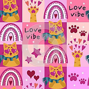 Valentines day seamless vector pattern. Cat in love with heart eyes, cute rainbow, kitten paw, stars on a bright background. Flat