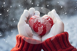 Valentines Day sentiment hands in mittens shaping a snowy heart