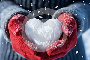 Valentines Day sentiment hands in mittens shaping a snowy heart