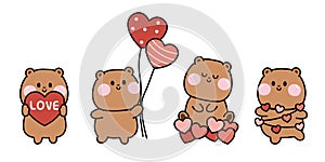 Valentines day.Set of cute teddy bear with herat balloon in various poses on white backgorund