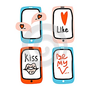 Valentines Day set doodle icon mobile phone Virtual Love. Internet Love, like, talk, chat, decoration, heart, kiss