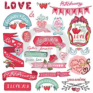 Valentines day set.Labels, emblems,frame,hearts