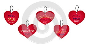 Valentines day shopping sale, discount labels, tags. Vector illustration of design for shop, store, posters, flyers, banners,