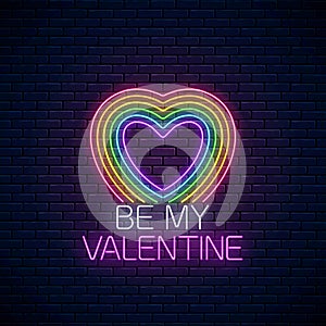 Valentines day sign with lgbt colors heart shape in neon style. Vector valentine day greeting card in neon style