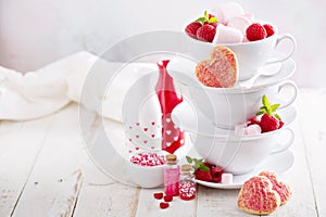 Valentines day sugar cookies in stacked cups