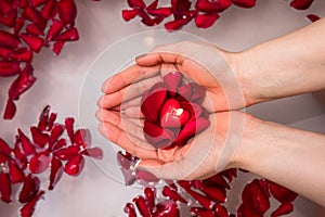 Valentines day surprise, close up woman holding red rose petals and hear candle in hands